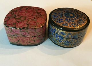 2 Vintage Floral Trinket Boxes - Made In Kashmir India - Lacquer Paper Mache Box