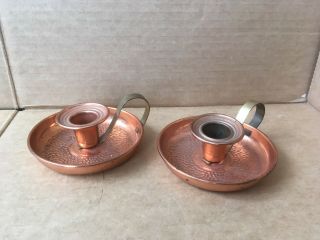 Vintage Copper Candlesticks W/handles,  Pair,  4 " Diameter