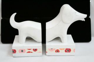 Modernist Jonathan Adler White Dog Flower Design Pottery Bookends