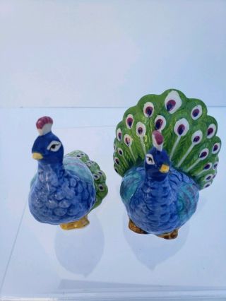 Vintage Peacock Birds Salt And Pepper Shakers Ceramic Blue And Green Birds
