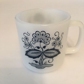 (1) Glasbake Blue Onion Flower Coffee Cup Mug White Milk Glass