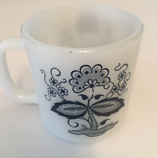 (1) Glasbake Blue Onion Flower Coffee Cup Mug White Milk Glass 2