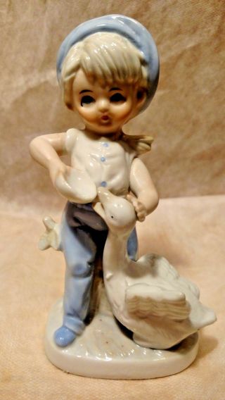 Vintage Norleans Porcelain Figurine - Boy Feeding Swan - Blue And White