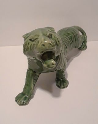Vintage Mid - Century Modern Large Ceramic Green Roaring Tiger Figurine Statue 11 "