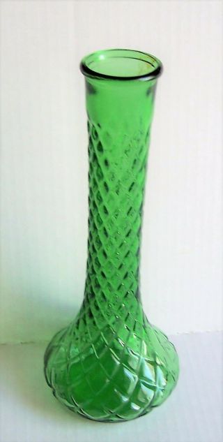 Vintage Hoosier Glass Green Flower Bud Vase 9 " Tall Quilted Diamond Pattern