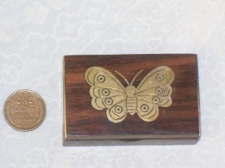 Vintage Tiny Wooden Trinket Box Small Brass Butterfly Inlay Wood