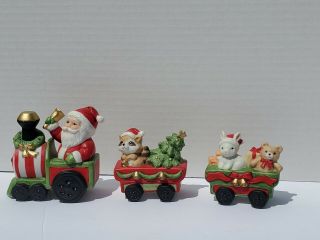Vintage Homco Santa Train Set Of 3 Figurines With Gold Tag Raccoon Bunny Bear