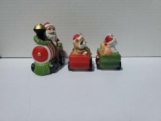 Vintage Homco Santa Train Set Of 3 Figurines With Gold Tag raccoon bunny bear 4