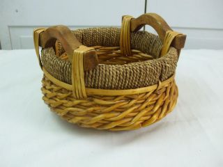 Small Wicker Woven Basket Natural Light Brown Color Wooden Side Handles 10 "