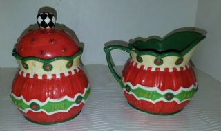 Mary Engelbreit Christmas Creamer And Sugar Bowl With Lid Set 2004 Small Chips