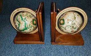 Vtg Pair Old World Map Globe Bookends Large Spinning Rotating Wood Base