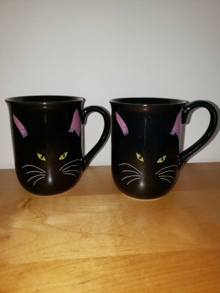 Set 2 Vintage Cheryl Fleischer Art Black Cat Face Ceramic Mug Cup Otagiri Japan
