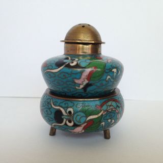 Vintage Chinese Cloisonne Enamel Dragon Open Salt Bowl & Pepper Shaker Set