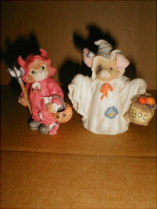 Enesco Halloween 1994 Calico Kitten Red Devil & 1995 This Little Piggy Ghost