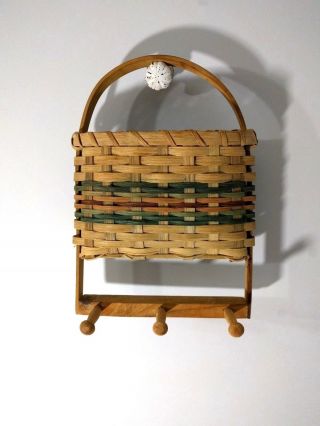 Woven Wicker Wall Pocket Basket With Handle & Hanging Hooks 13  X 8.  5  Vintage