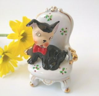 Vintage Bulldog Figurine In Chair Rhinestone Eyes Bow Tie Japan Ceramic