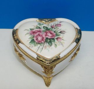 Linden Heart Shape,  3 Leg Music Box Plays Unchained Melody Key Wind On Base Exc