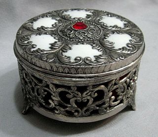 Vtg Silver Tone Round Metal Filigree Jewelry Trinket Box White Enamel Red Stone