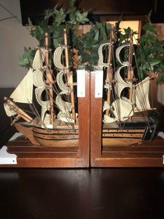 Vintage Wooden Ship Bookends Set Of 2 Pirate Cargo Ship Handmade Euc