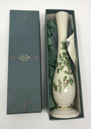 Lenox Bud Vase 24k Trim Gold Fine China Holiday Christmas Holly Berry Vintage
