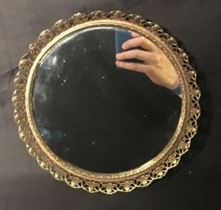 Vintage Round Small Hanging Mirror With Gold Color Filagree Trim