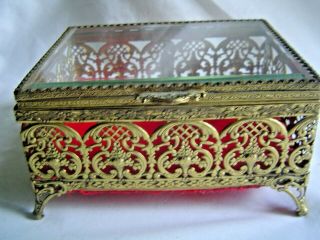 Vintage Footed Gold Tone Filigree Trinket Box Beveled Glass Top