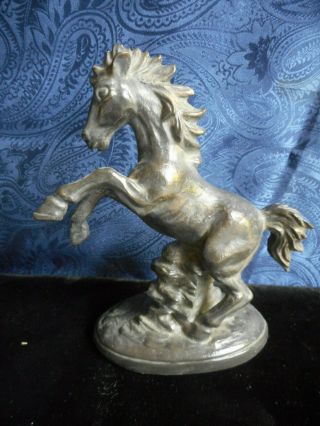 Vintage Metal Horse Figurine On Base 5 " Tall Stallion Rearing Up Older Item Dust
