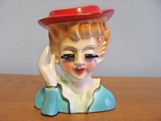 Woman Lady Ceramic Vase Planter Red Hat 4.  5 Inches Tall Figurine From Japan