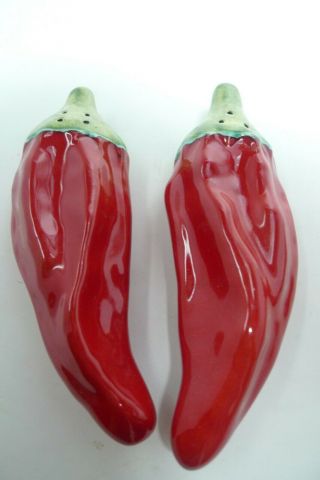 Red Chili Pepper Ceramic Glazed Salt And Pepper Shakers Large 6 " Flat