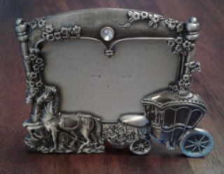 Standing Pewter Frame,  Carriage With Horses And Flowers,  4 " High,  5 " Wide