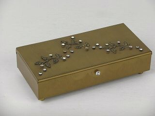 Vintage Metal Jewelry Trinket Box Rhinestones Gold Tone Products Velvet Mirror