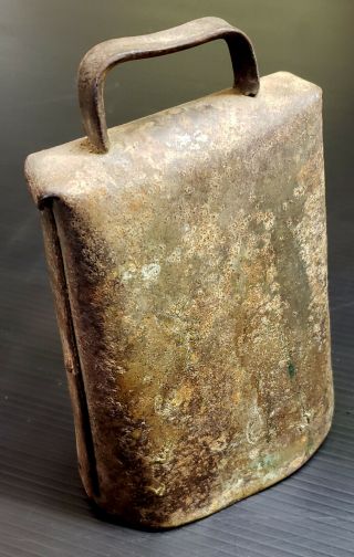 Large Antique Bull Cow Bell,  Primitive Blacksmith Folded Corners,  Riveted Steel 2