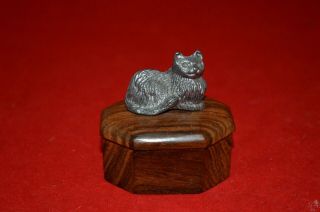 Vintage Wooden Trinket Box With Pewter Cat On Top