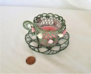 Partylite Tealight Holder Green Metal & Ceramic Enchanted Rose Teacup & Saucer