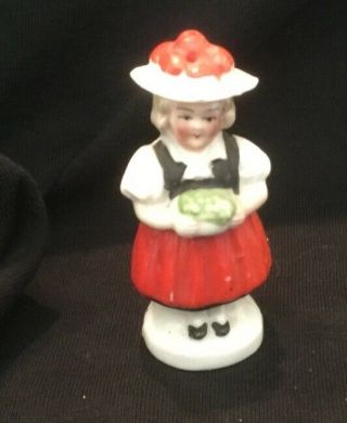 Vintage Porcelain 2.  5” Mini Salt Shakers Made In Germany Women With Hat