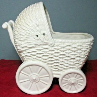 Euc Large Vintage White Baby Carriage Planter 8 " X 8 " X 4 " Made In Japan