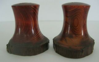 Vintage Mid Century Salt and Pepper Shakers Carved Wooden Wood Tree Bark 2
