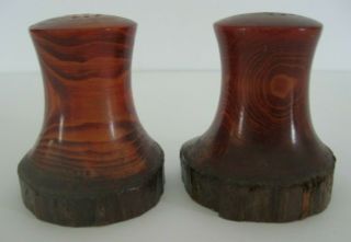 Vintage Mid Century Salt and Pepper Shakers Carved Wooden Wood Tree Bark 3