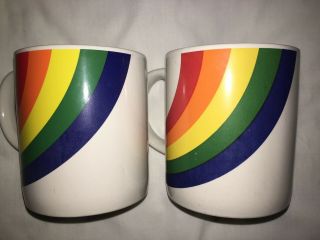 2 Vintage Rainbow Coffee / Tea Mugs White With Rainbow 12oz Cups Ftd