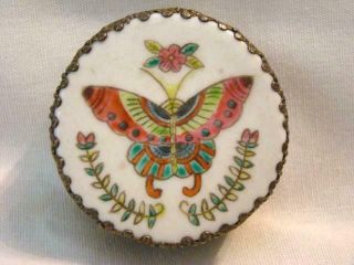 Vintage Silvertone Metal Trinket Box,  Porcelain Hand Painted Lid,  Butterfly