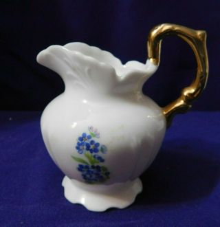 Miniature Pitcher White With Blue Flowers Gold Handle Vintage Made In Japan Euc