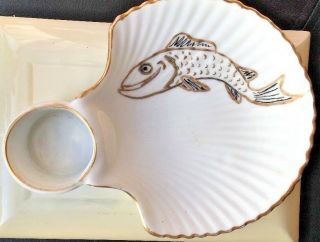 1957 Clam Shell Shape Sushi,  Shrimp Cocktail,  Appetizer Plate W/attached Dip Cup