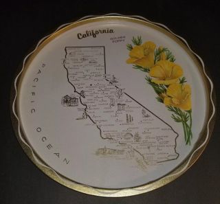 Vintage Souvenir Round Metal Tin Tray State Of California Map 11inch