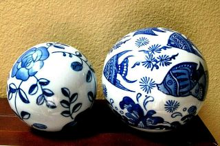 Set Of 2 Blue/white Ceramic/porcelain " Carpet Balls " - Floral & Fish Design