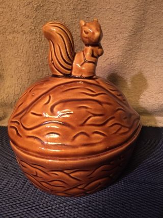 Sqirrel Sitting On Giant Nut Ceramic Bowl & Lid,  Vintage