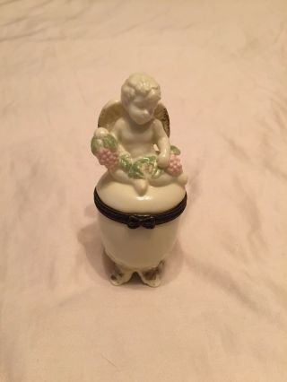 Cherub With Grape Clusters,  Midwest Of Cannon Falls Porcelain Hinge Trinket Box