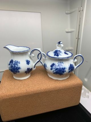 Vintage Unmarked White Blue Flowers Creamer Sugar Bowl