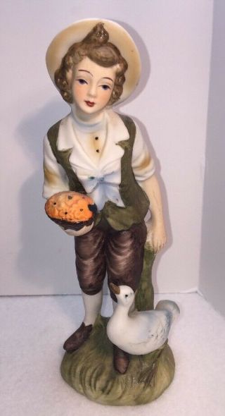 Vintage Lefton Bisque Porcelain Boy With Goose Figurine 6988
