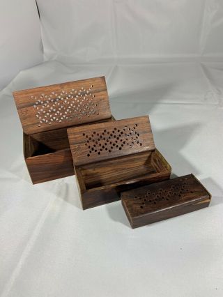 Set Of 3 Nesting Carved Wood Trinket Boxes With Elegant Design