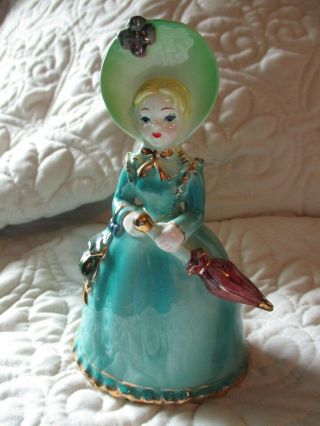 Vintage Ceramic Southern Belle Lady Figurine Planter Gold Gilt Blue Dress Ucugo